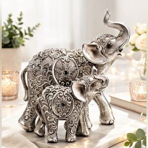 Ornate Silver Elephant Figurine Mother & Baby 6" Raised Trunk Good Luck Décor